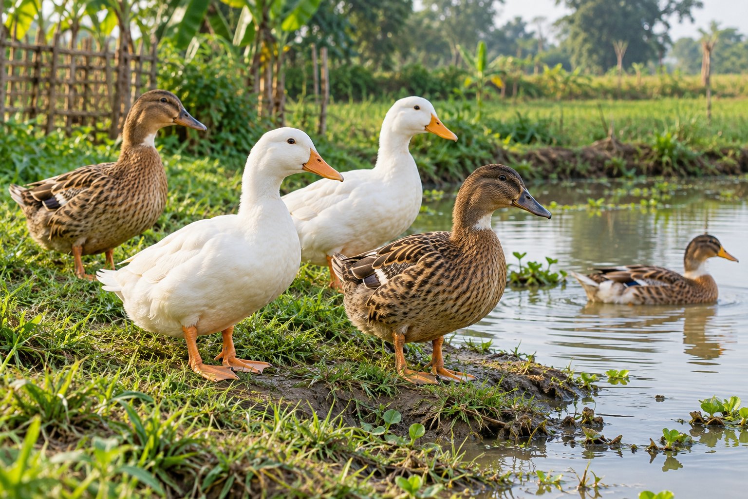 ग्रामीण खेत के छोटे तालाब के किनारे सफेद और भूरी बतखें।
